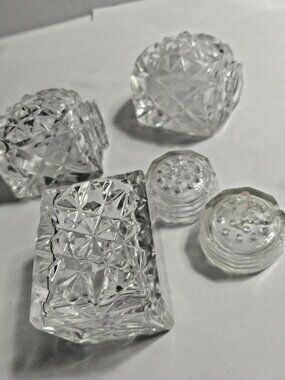 Vintage Crystal Cut Glass Salt & Pepper Shakers with Toothpick/Condiment Jar